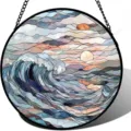 Acrylic suncatcher window hanging featuring colorful ocean wave and sunset design. - 16