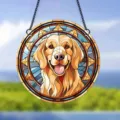 Detailed close-up of a vibrant stained glass style Golden Retriever acrylic hanging wall decor ornament. - 21