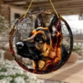 Detailed view of the German shepherd acrylic round wall hanging, featuring vibrant colored design. - 22