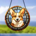 Stained glass style acrylic Corgi dog hanging ornament circular wall decoration for home - 23