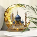 Detailed close-up of the glowing crescent moon and mosque acrylic decorative ornament. - Style 4 / Height 20cm with Base