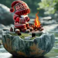 Detailed view of a charming gnome campfire garden planter pot decoration for yard landscaping. - Style 4 (Christmas Gnome)