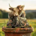 Outdoor garden decorative acrylic pot stake featuring fantasy girl and highland cow design sculpture. - Girl and Highlander Cow