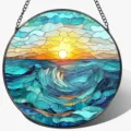 Round stained glass ocean sunset suncatcher hanging decor for home garden window. - 23