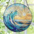 Acrylic ocean wave sunset window hanging suncatcher, vibrant stained glass detail view. - 28