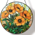 Detailed view of the round acrylic stained glass poppy flower hanging window suncatcher decor. - 30
