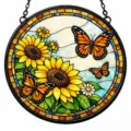 Sunflower and monarch butterfly stained glass round window hanging home decor acrylic. - 34