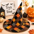 Halloween patchwork witch hat detailed close-up shot, festive quilted fabric accessory. - Style G
