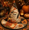 Halloween quilted witch hat with embroidered ghost and pumpkin design for festive party decor. - Style 1