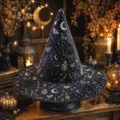 Detalle de sombrero de bruja acolchado azul oscuro con estampados de gatos y luna para Halloween. - Talla de Niño / A26