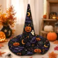 Detailed view of the quilted Halloween witch hat featuring charming pumpkin and ghost motifs. - Style I