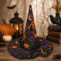 Halloween quilted witch hat detail, purple patchwork style with pumpkins and black cats. - Style J