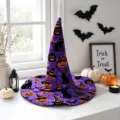 Halloween quilted witch hat detail showcasing digital print with cute cats and pumpkins, soft fabric. - Style L