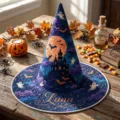 Quilted Halloween witch hat with custom name Luna, digital print spooky party costume prop. - Style M