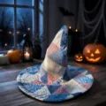 Καπέλο μάγισσας Halloween, μπλε κόκκινο patchwork ύφασμα, ψηφιακή εκτύπωση λεπτομέρεια - Γράμμα O