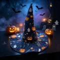 Detailed view of the Halloween quilted witch hat with glowing pumpkin and ghost print details. - Style O