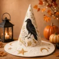 Sombrero de bruja de Halloween acolchado con cuervo negro y estrellas doradas para fiesta. - Talla de Niño / A1