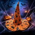 Halloween orange witch hat with quilted embroidery, spooky ghost and bat print details. - Style P
