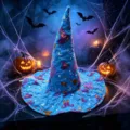 Halloween quilted witch hat detail, blue digital print with festive spooky magic elements. - Style Q