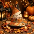 Halloween quilted witch hat with skeleton and pumpkin embroidery, stylish festival costume cap. - Adult / Style 30