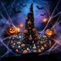 Close-up detail view of Halloween witch hat featuring colorful quilted pumpkin and ghost prints. - Adult Size / Style R