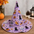 Sombrero de bruja morado acolchado de Halloween con detalles de estampado de gato. - Talla de Niño / A11