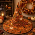 Λεπτομερής όψη του καπέλου μάγισσας Halloween με υπέροχο τύπωμα κολοκύθας και μαύρης γάτας. - Γράμμα T