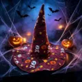 Halloween quilted witch hat with spooky skull and pumpkin print, festive party costume accessory. - Style T