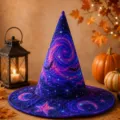 Vista detallada del sombrero de bruja acolchado con galaxia, estrellas y murciélagos. - Talla de Niño / A3