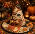 Quilted Halloween witch hat with festive embroidery and ghost pumpkin pattern for party decor. - Adult / Style 15