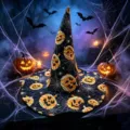 Halloween witch hat with pumpkin and spider web prints, quilted festival costume accessory for party. - Style W