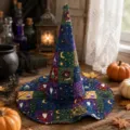 Vista detallada del sombrero de bruja de Halloween con impresión digital acolchada y libros mágicos. - Talla de Niño / A13