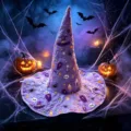 Detailed view of Halloween purple quilted witch hat with spooky digital prints and fine stitch work. - Adult Size / Style Y