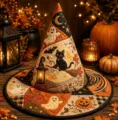Halloween quilted witch hat featuring a cute black cat and ghost print design variant. - Adult / Style 18