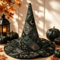 Gesteppter Halloween Hexenhut mit goldenen Kürbissen, Fledermaus-Motive für Kostümpartys. - SM2