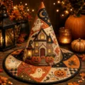 Halloween quilted witch hat, spooky haunted house pumpkin embroidered costume hat variant - Style 19