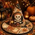 Quilted Halloween Witch Hat Embroidered Skull Pumpkin Festival Party Cosplay Costume - Style 14