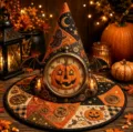 Halloween quilted witch hat clock decoration with pumpkin and bat wing design for home. - Style 23