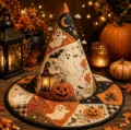 Halloween quilted witch hat with spooky ghosts and pumpkins, festive home decor for party. - Style 20