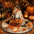 Halloween quilted witch hat with cute bunny and pumpkin embroidery, festive holiday party costume prop. - Style 21