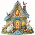 Fairy tale rabbit cottage resin figurine with glowing windows for home decor and holiday gifts. - 20cm / 8