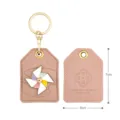 Pink wind turbine lucky keychain pendant card holder, cute Chinese style metal leather gift. - Pink