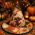 Halloween quilted witch hat table topper with cute ghost and dragon patchwork for holiday decor. - Style 22