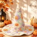 Halloween gesteppter Hexenhut mit süßem Kürbis Geister Bestickung, pastell Patchwork Partykappe. - SM20