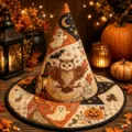 Halloween quilted witch hat, festive embroidered magic art hat with ghost and pumpkin pattern. - Style 24