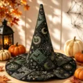 Gequilteter Halloween Hexenhut mit goldener Stickerei, magischer Kostümhut fuer Party. - SM11