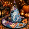 Halloween quilted witch hat, magical costume cap with mermaid and ghost embroidery. - Style 25