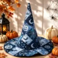Blauer Patchwork Halloween Hexenhut mit Steppstickerei, Mond und Kürbis Mustern für Party. - SM13