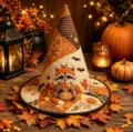 Halloween quilted witch hat with cute raccoon autumn leaves digital print costume prop. - Style 28