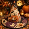 Halloween quilted witch hat with spooky ghost pumpkin embroidery, festive costume party cap. - Style 27